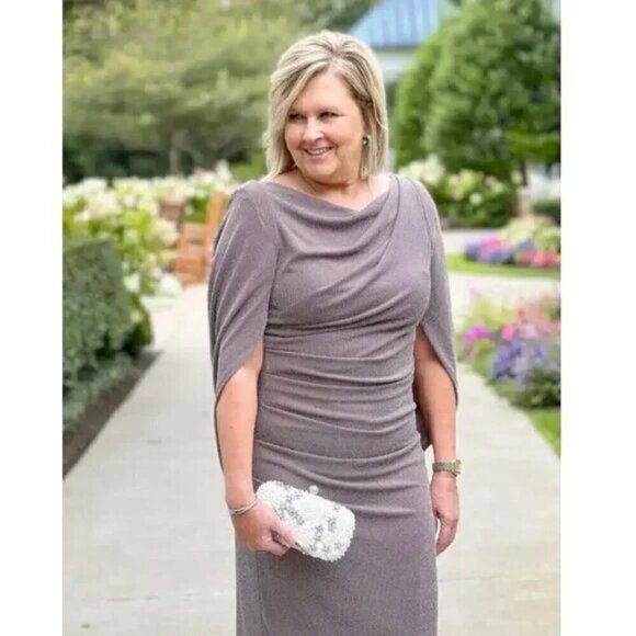 BETSY ADAM Jenna Long Metallic Draped Cowl Back Gown in Taupe/Silver Size US 10 - Picture 2 of 13